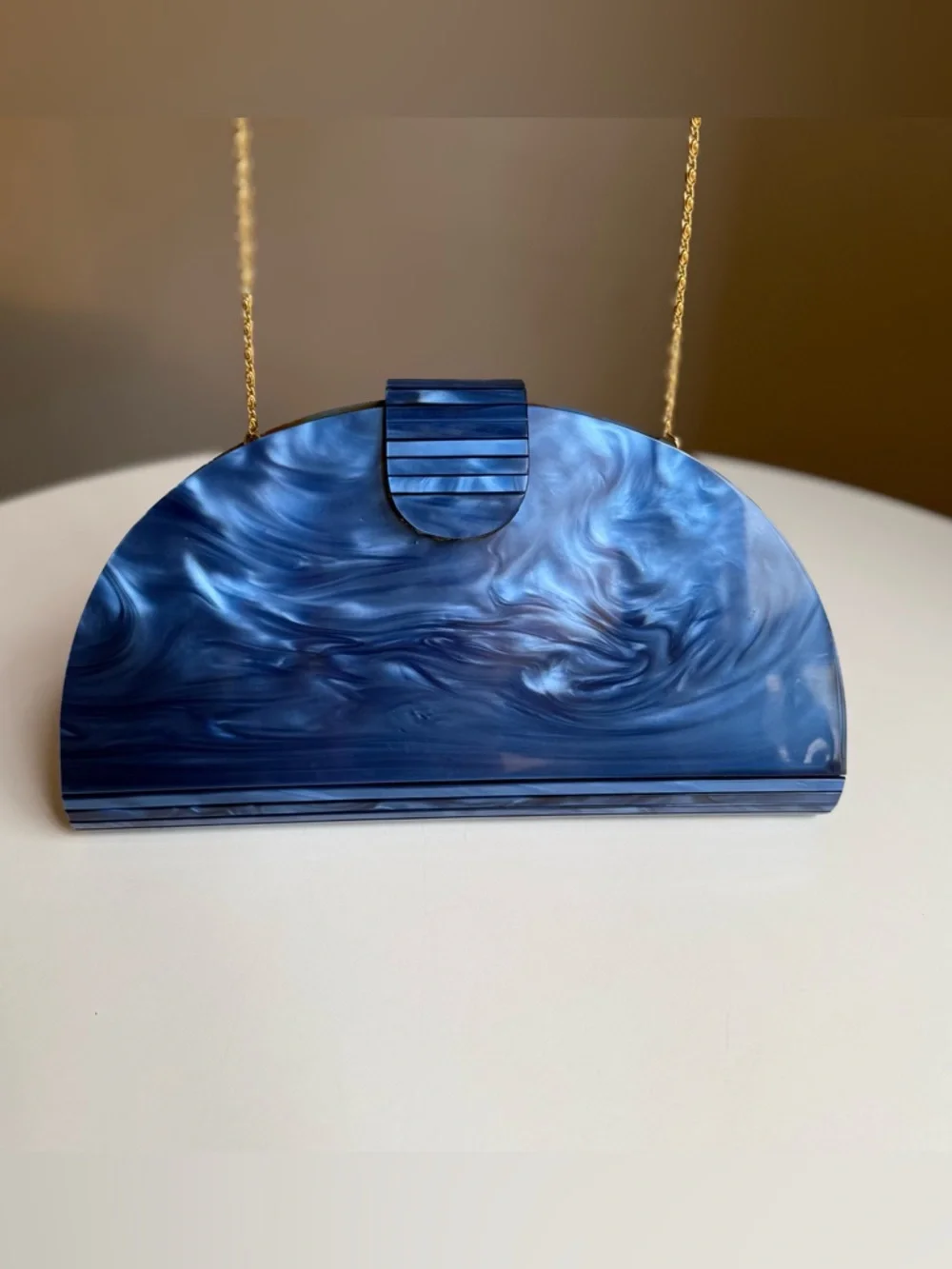 Vintage Lee Wee Hand Bag Unique Blue Marble Acrylic Half Moon Purse Gold Chain - Picture 9 of 16